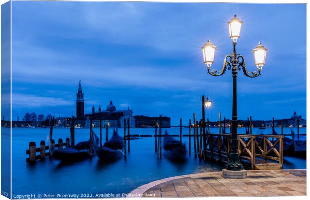 Moored Gondolas Off St Marks Square, Venice Before Dawn Canvas Print by Peter Greenway