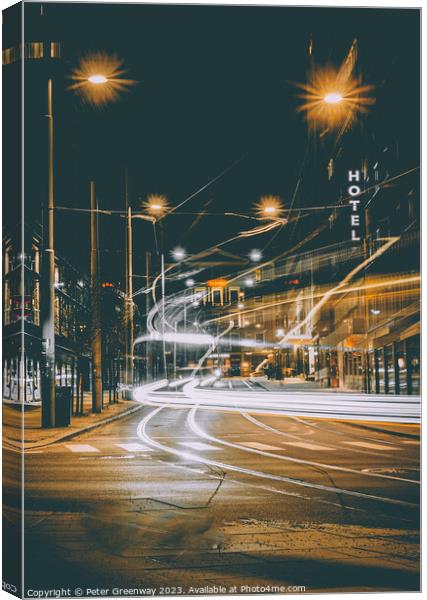 Tram & Traffic Light Trails Through Oslo City Centre Canvas Print by Peter Greenway