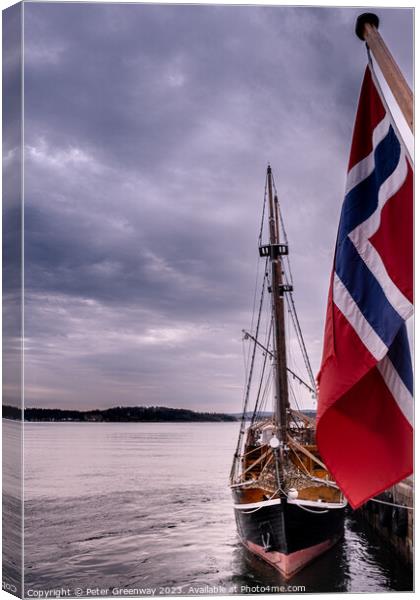 Schooner Fishing Sail Boat & The Norwegian Flag In Oslo Harbour Canvas Print by Peter Greenway
