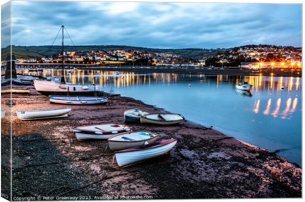 Rowing Gigs Moored On Shaldon Beach At Low Tide Du Canvas Print by Peter Greenway