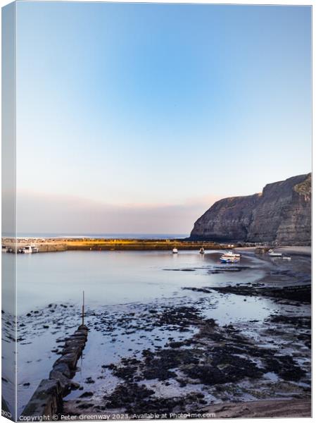 Boats Mooted In The Harbour At Staithes Fishing Po Canvas Print by Peter Greenway