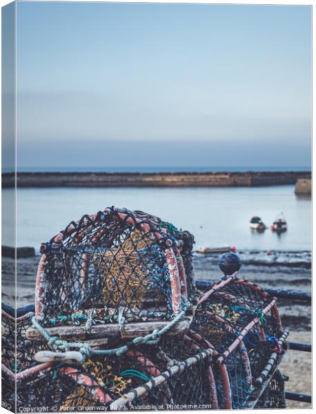 Fisherman's Lobster Pots Drying At Staithes Fishin Canvas Print by Peter Greenway