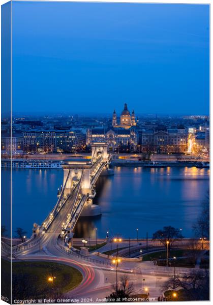 Traffic Light Trails Over The Szechenyl ( 'Chain' ) Bridge In Budapest Canvas Print by Peter Greenway
