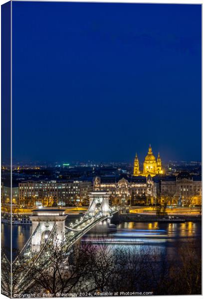 Traffic Light Trails Over The Szechenyl ( 'Chain' ) Bridge In Bu Canvas Print by Peter Greenway