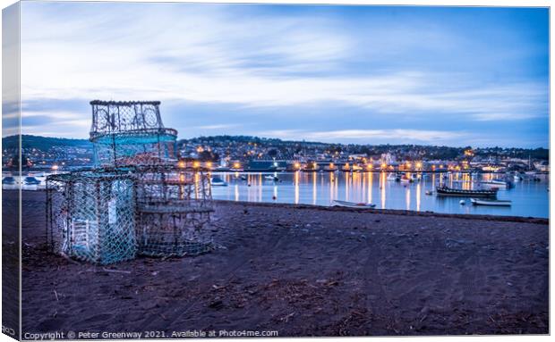 Fishermen Lobster Nets Drying At Sunset On Shaldon Canvas Print by Peter Greenway