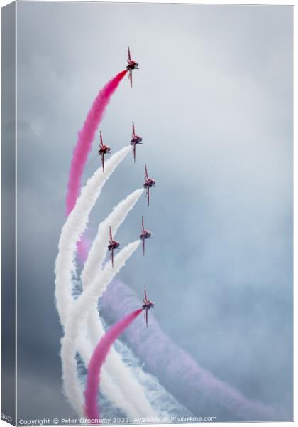 The Red Arrows Displaying At Farnborough International Airshow Canvas Print by Peter Greenway