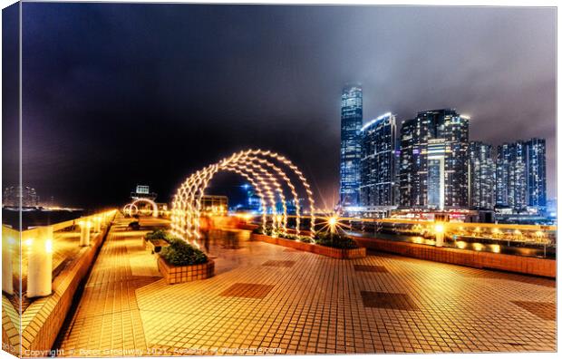 Illuminated Arches & Skyline Around Kowloon Harbour, Hong Kong Canvas Print by Peter Greenway