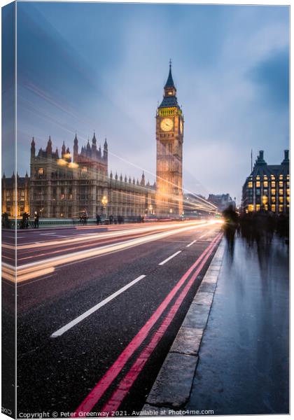 Westminster Bridge, London On A Winters Evening Canvas Print by Peter Greenway