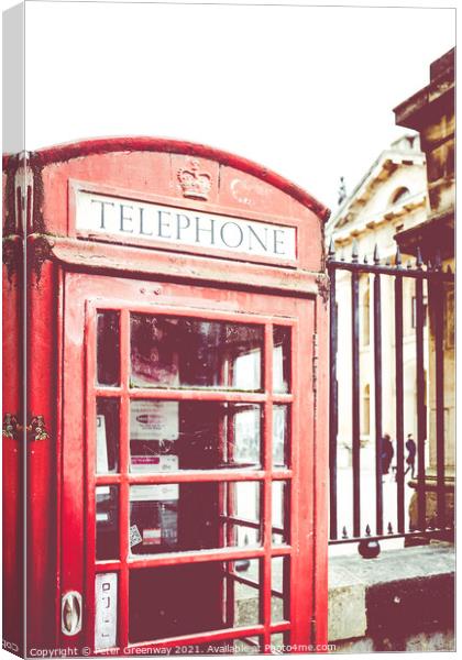 Red Telephone Box Outside The Shaldonian Theatre,  Canvas Print by Peter Greenway