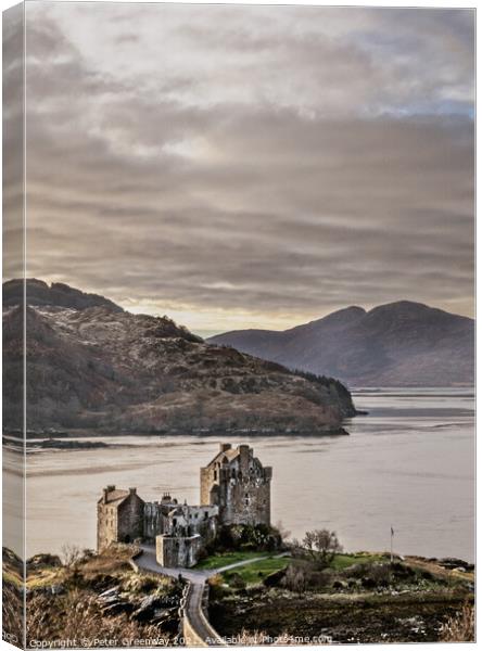Eilean Donan Castle in the Scottish Highlands From The Hills Canvas Print by Peter Greenway