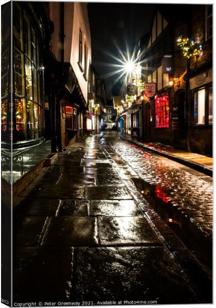 The Famous Medieval 'Shambles' In York At Christmas Canvas Print by Peter Greenway