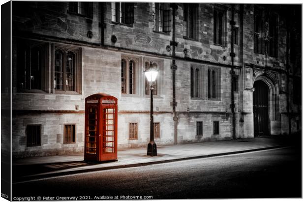 Illuminated Red Telephone Box In St Giles, Oxford Canvas Print by Peter Greenway