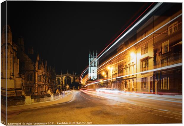 Traffic Light Trails Past Oxford University Magdal Canvas Print by Peter Greenway