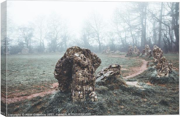 Potted Moss Covered Standing Stones In The Rollright Stone Circl Canvas Print by Peter Greenway