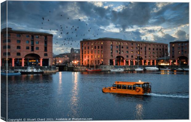 Albert Dock Liverpool at dusk with a yellow Duck M Canvas Print by Stuart Chard