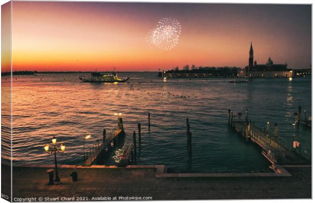 Venice bay at sunset with fireworks Canvas Print by Stuart Chard