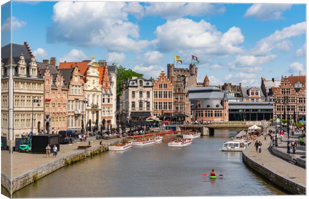 Boat cruise on river Leie in Ghent, Belgium Canvas Print by Chun Ju Wu