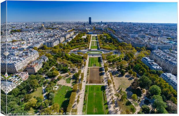 Aerial view of Champ de Mars Park from Eiffel Tower, Paris, France, Europe Canvas Print by Chun Ju Wu