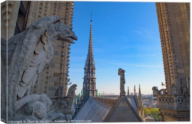 The Gargoyles at the top of Notre Dame Cathedral in Paris, France Canvas Print by Chun Ju Wu