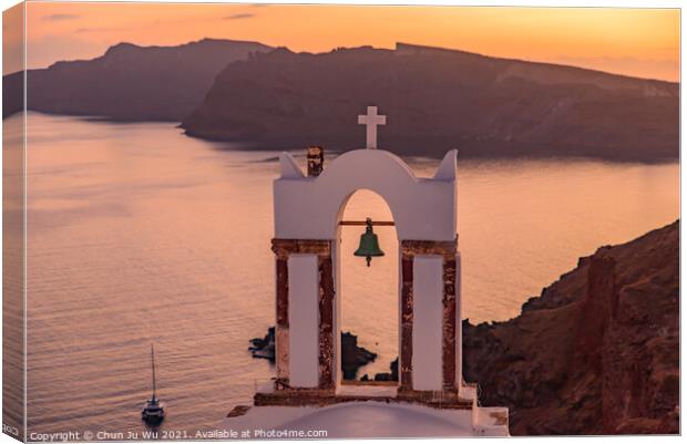 Bell tower with warm sunset light in Oia, Santorini, Greece Canvas Print by Chun Ju Wu