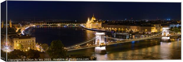 Night panorama of Hungarian Parliament Building, Széchenyi Chain Bridge, and River Danube in Budapest, Hungary Canvas Print by Chun Ju Wu