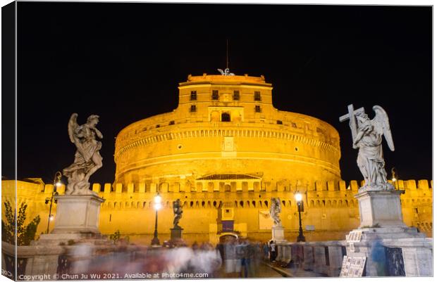 Night view of Castel Sant'Angelo and Ponte Sant'Angelo in Rome, Italy Canvas Print by Chun Ju Wu