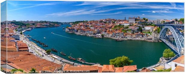 Panorama of Dom Luis I Bridge, the River Douro, and the Ribeira district in Porto, Portugal Canvas Print by Chun Ju Wu