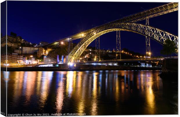 Night view of Dom Luis I Bridge, a double-deck bridge across the River Douro in Porto, Portugal Canvas Print by Chun Ju Wu