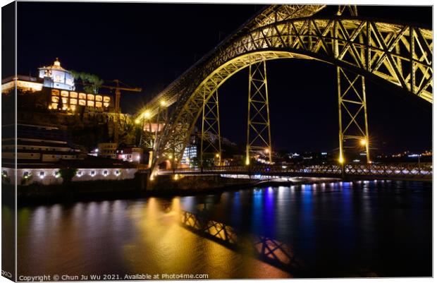 Night view of Dom Luis I Bridge, a double-deck bridge across the River Douro in Porto, Portugal Canvas Print by Chun Ju Wu