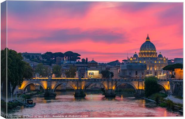 Sunset view of St. Peter's Basilica, Ponte Sant'Angelo, and Tiber River in Rome, Italy Canvas Print by Chun Ju Wu