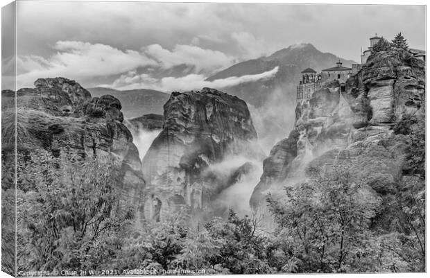 Monastery of Varlaam in the fog, the second largest Eastern Orthodox monastery in Meteora, Greece (black & white) Canvas Print by Chun Ju Wu