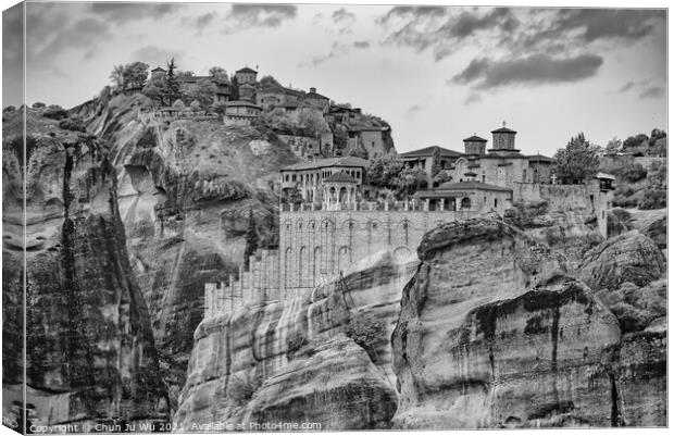 Landscape of monastery in Meteora (black & white) Canvas Print by Chun Ju Wu