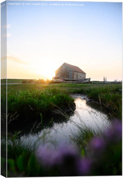 Boat House at Sunset, Thornham, Norfolk Canvas Print by Carl Howell