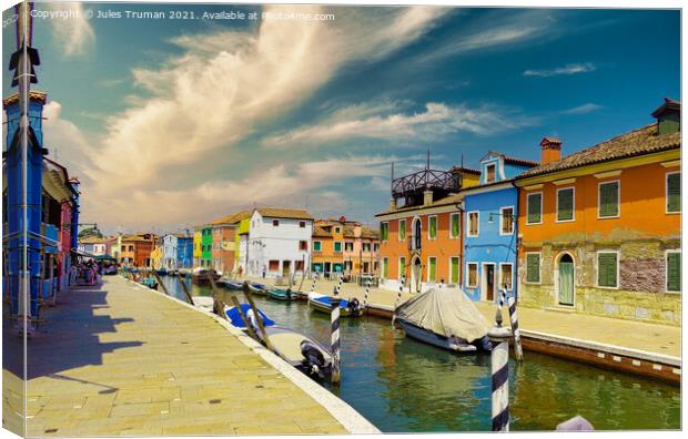 Burano coloured houses along the canal, Venice, Italy  Canvas Print by Jules D Truman
