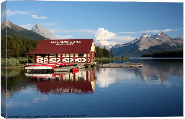 Maligne Lake Boat House, Alberta, Canada Canvas Print by Allan Snow