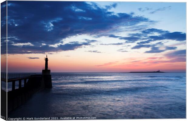 Amble Harbour Light and Coquet Island at Dawn Canvas Print by Mark Sunderland