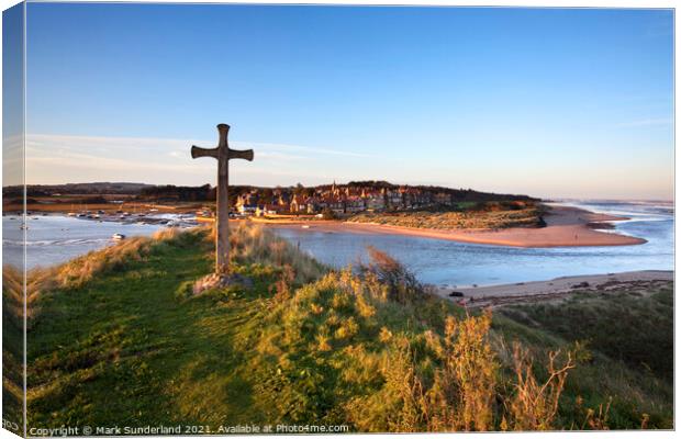 St Cuthberts Cross on Church Hill and Alnmouth at Sunset Canvas Print by Mark Sunderland
