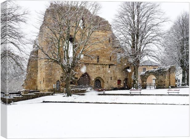 Snow Falling at Knaresborough Castle Canvas Print by Mark Sunderland