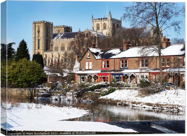 Ripon Cathedral from the River Skell in Winter Canvas Print by Mark Sunderland