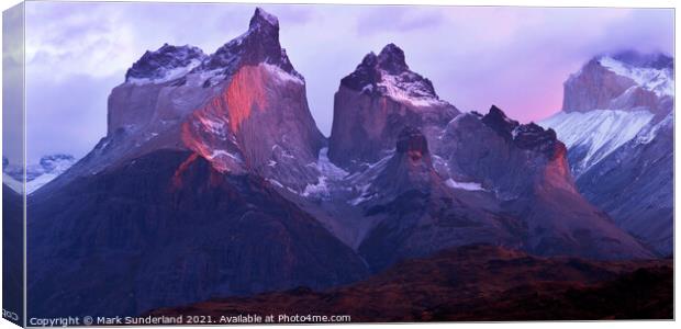 Cuernos del Paine at Sunrise Canvas Print by Mark Sunderland