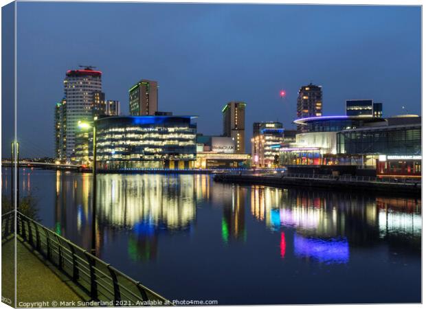 Media City UK and The Quays Theatre at Dusk Canvas Print by Mark Sunderland