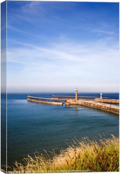 West and East Piers at Whitby Canvas Print by Mark Sunderland