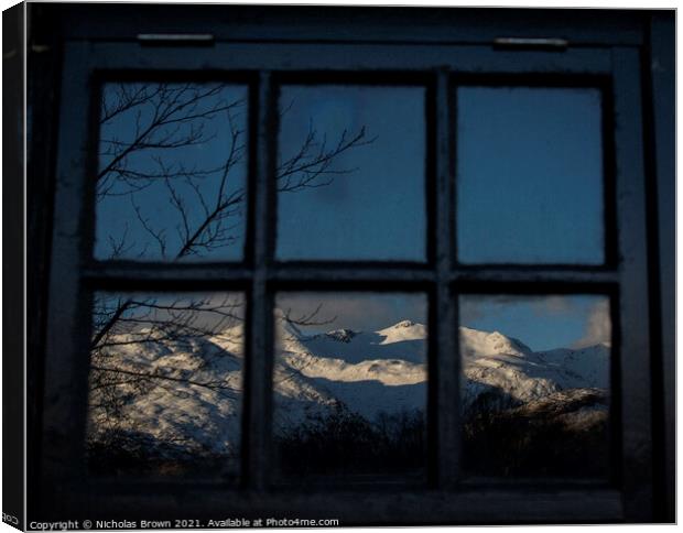Ben Cruachan reflected in Bothy window Canvas Print by Nicholas Brown