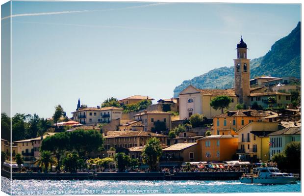 Limone Sul Garda - Lake view with building and boat Canvas Print by Jonathan Campbell
