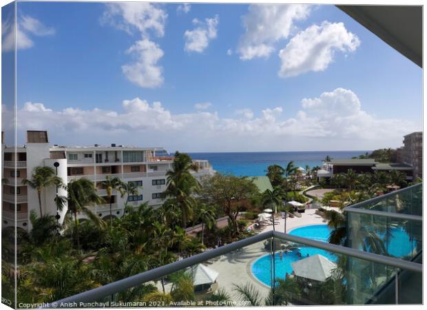 Sint Maarten Philipsburg April 20 2021 view of Sonesta Maho Beach Resort's apartments. Beautiful blue sky and ocean Canvas Print by Anish Punchayil Sukumaran