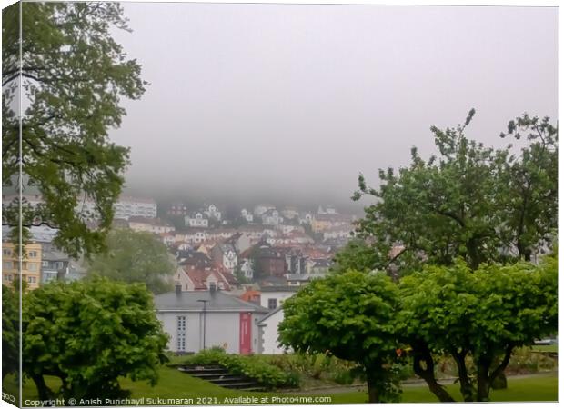 a view of beautiful houses in Norway Bergan partially covered in fog Canvas Print by Anish Punchayil Sukumaran
