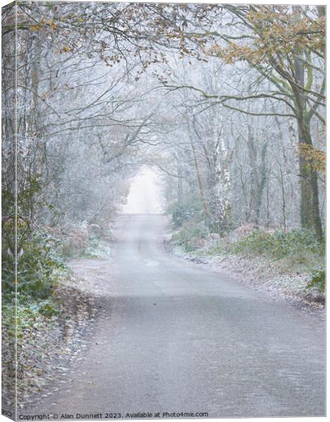 Frosty woodland road Canvas Print by Alan Dunnett