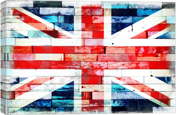 Union Jack, UK flag on wood planks background Canvas Print by Delphimages Art