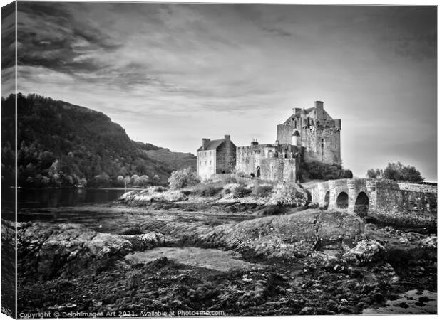 Eilean Donan castle, Scotland, Black and white Canvas Print by Delphimages Art