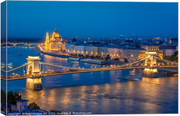 Budapest parliament and Chain bridge at night Canvas Print by Delphimages Art
